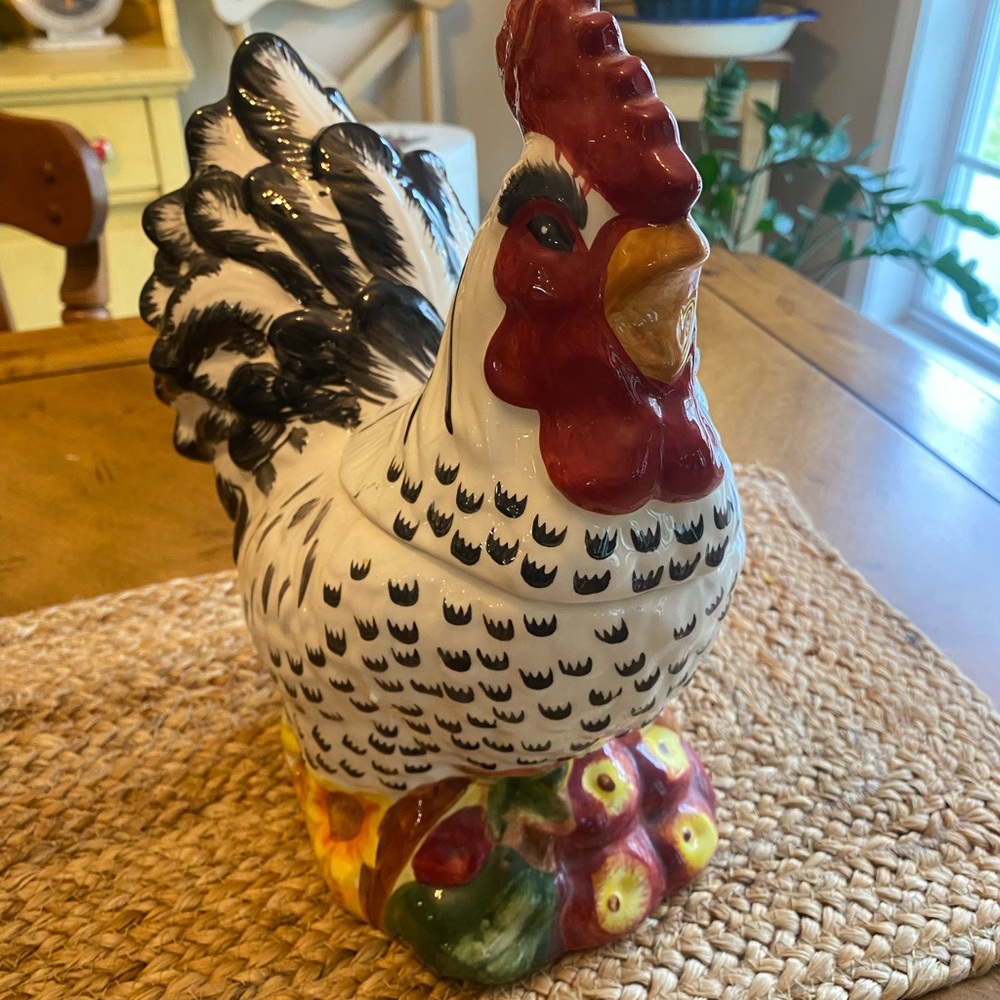 CKAO Vintage White & Black Ceramic Rooster Cookie Jar - Red comb